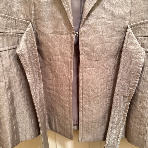 Light Gray Sheen Belted Jacket & Wide-Leg Pants Set - Picture 6 of 15